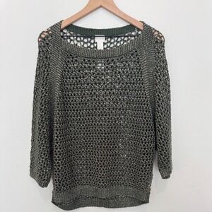 Chicos Jessica Open Knit Sweater Green Gold Metallic Fall 3/4 Sleeve XL Size 3